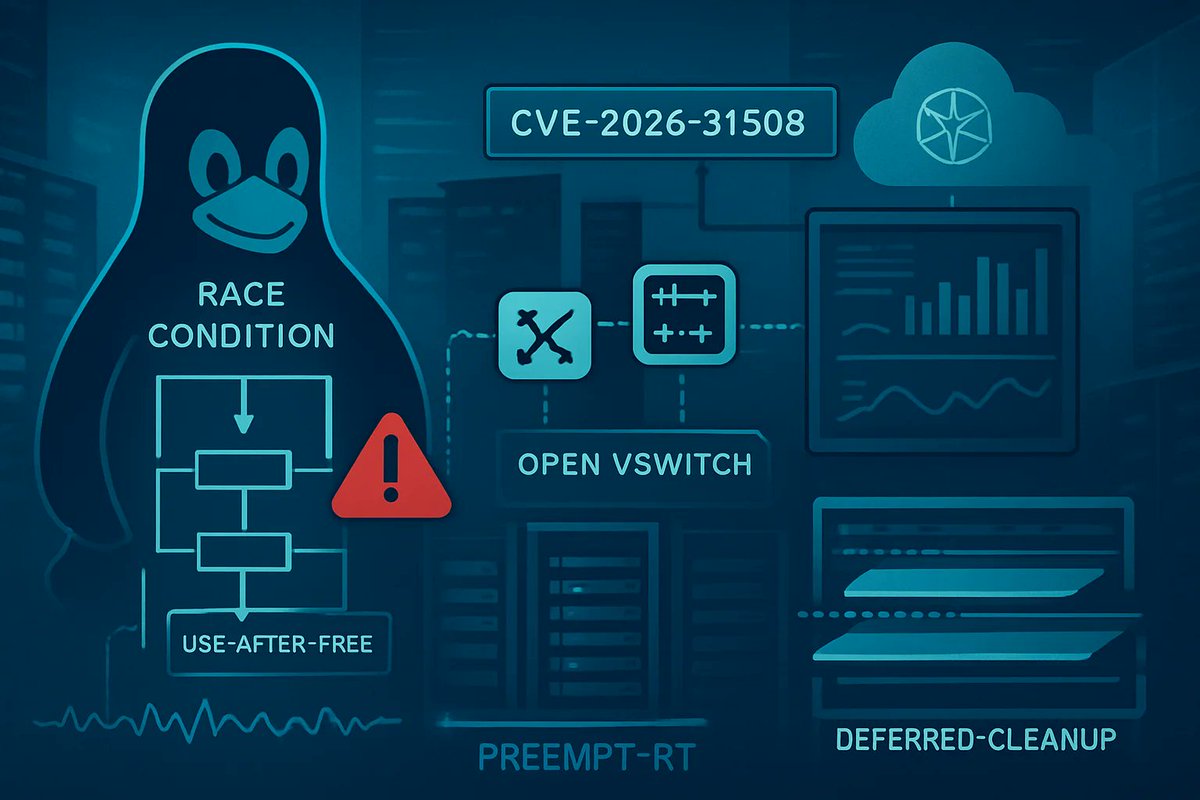 windowsforum's tweet photo. 🪟 Linux kernel race in Open vSwitch (CVE-2026-31508): network device freed before unregistration. Translation: teardown chaos, privilege/DoS risk, especially with PREEMPT_RT. Patch time.
https://t.co/s1Yz5Zlj1S
#OpenVswitch #LinuxKernelCve #PreemptRt #AzureKubernetes https://t.co/s9w1zakHLU