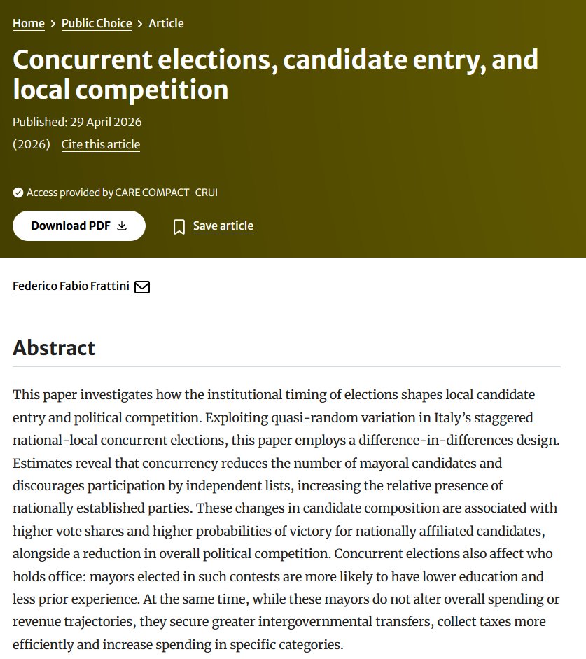 FedFabFrat's tweet photo. I’m happy to share that this paper has been published in @_PublicChoice 

It studies how concurrent national-local elections shape the local political environment. Thank you to the referees, the editor and to anyone who provided feedback along the way!

https://t.co/LKuKmMWkBD https://t.co/zsxSfGrUjR