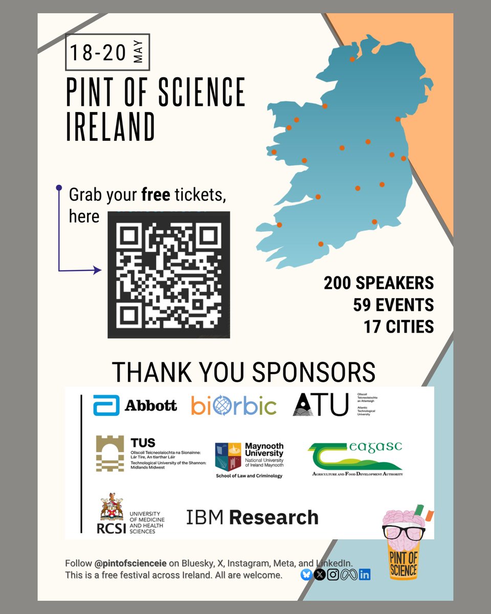 pintofscienceIE's tweet image. 🎟️ Pint of Science 2026 – Ticket Sales Are On! 🎉
 
200 speakers, 59 events, and 17 cities!🌍
 
👉#FREE tickets here: lnkd.in/eUtx-E4j
 
 📅 Event Dates: 18–20 May 2026
 
Don’t miss out -spaces are filling fast!
 
#pint26 #TicketSales #FreeEvent