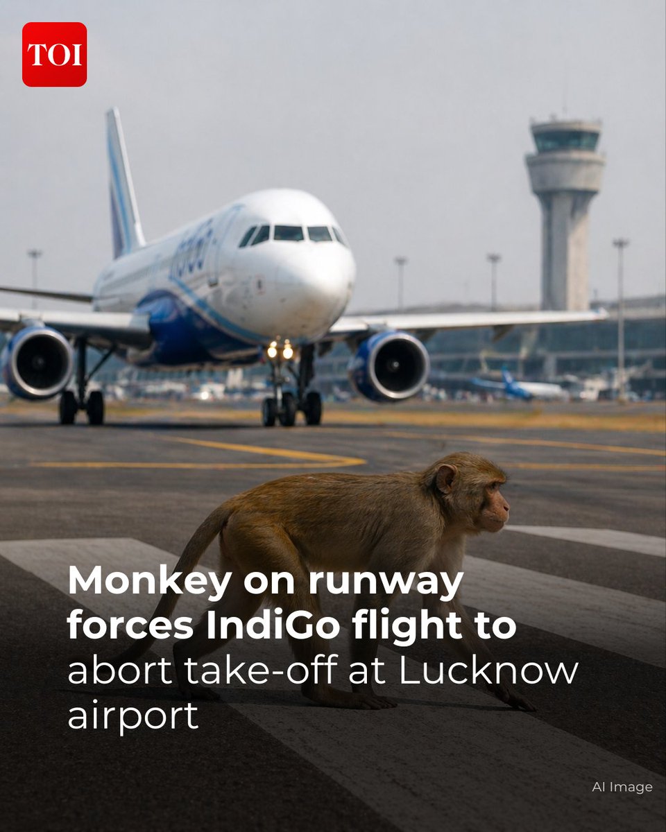 timesofindia's tweet image. An #IndiGo flight from #Lucknow- #Raipur narrowly avoided a collision with a #monkey on Thursday after the #animal strayed onto the runway moments after the aircraft began its take-off roll.

More details 🔗toi.in/LWUnpa43
