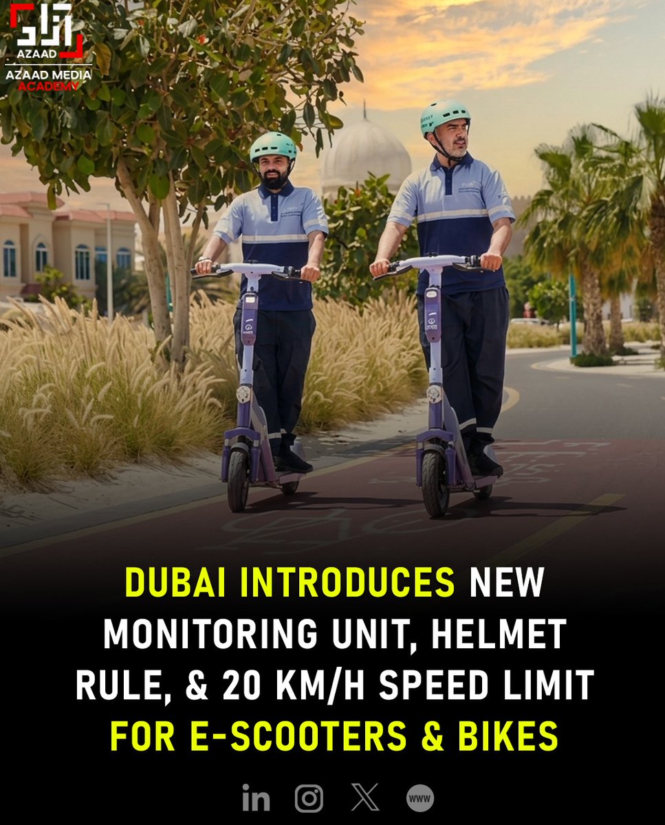 AzaadAcademy's tweet image. Dubai introduces new measures for e-scooters and bikes: A monitoring unit, mandatory helmet rule, and a 20 km/h speed limit have been implemented to ensure safety and regulation. 
#TransportSafety #EcoFriendlyTravel #UrbanMobility #DubaiFuture #PublicSafety #ETransport