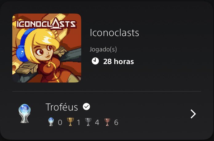PSN_SABBATH1979's tweet photo. 100% - Iconoclasts (NA)

🏆 
Troféus totais - 11
Bronze - 6
Prata - 4
Ouro - 1
Platina - 0

Dificuldade - 06/10 - PSNProfiles (https://t.co/0dCVcPzuaa)

Tempo - 28 Horas - PSN

OBS: O jogo estava dropado na ID desde Janeiro de 2019. https://t.co/KECW7YpeCT