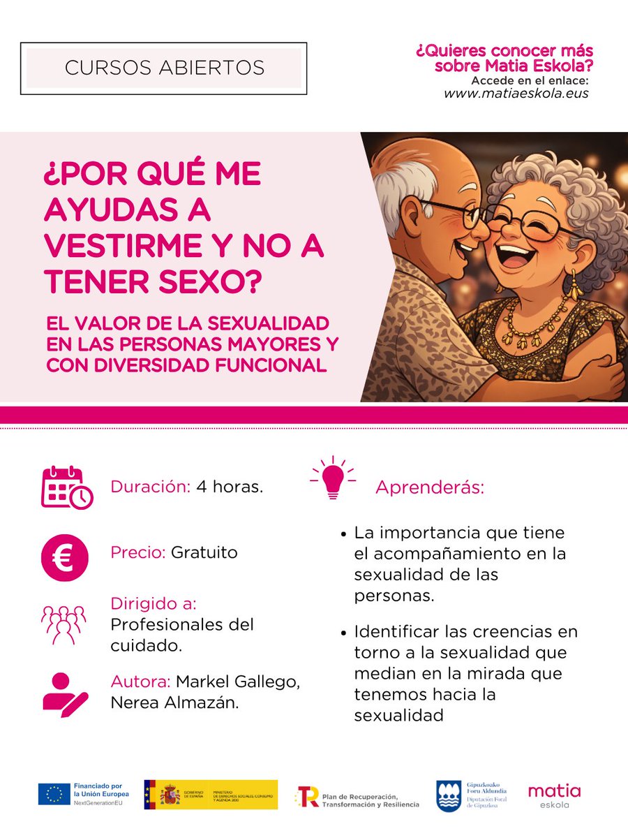 MatiaFundazioa's tweet image. 🤔 ¿Por qué ayudamos a vestir y no a vivir la sexualidad?

Descubre una píldora online de #MatiaEskola para revisar creencias y acompañar la #sexualidad de personas mayores y con diversidad funcional como parte de su salud y sus derechos.

matiaeskola.eus/es/compound-co…
#FormaciónOnline