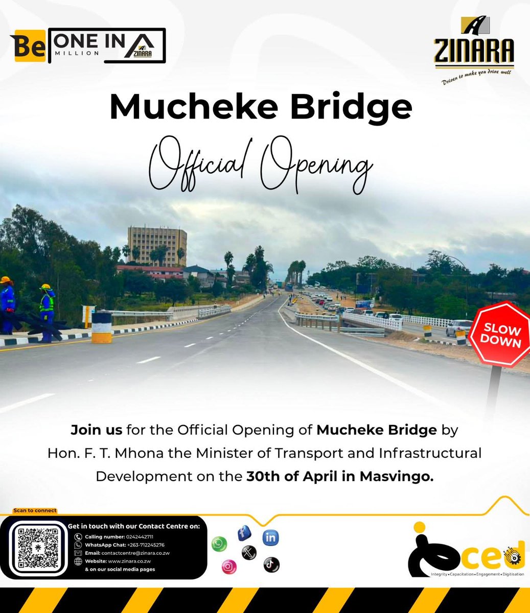 MasvingoTourism's tweet photo. The wait is over! 

The official opening of the Mucheke Bridge by Hon. F. T. Mhona, Minister of Transport and Infrastructural Development now on 30 April 2026

#PartnersForProgress @zinaraZW https://t.co/ZHrb4jyGl0