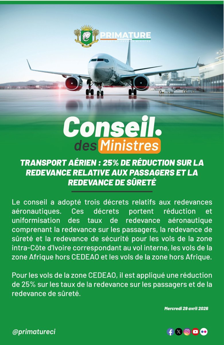 primatureci's tweet photo. Une réduction de 25% sur les taux de la redevance sur les passagers et de la redevance de sûreté est désormais appliquée sur les vols de la zone #CEDEAO.
#PrimatureCI #TransportAerien #AirCI 

@AirCI_officiel https://t.co/TDsM29pFQh