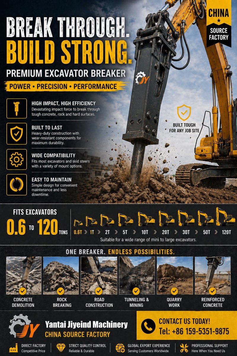 JiyeMachinery's tweet photo. Break Through. Build Strong.
Premium Excavator Breaker
Looking for a reliable hydraulic breaker for your excavator?
👉 Contact us now for price &amp; catalog📲 WhatsApp: +86159-5351-9875
#ExcavatorBreaker #HydraulicBreaker #ConstructionEquipment #MiningTools #DemolitionWork https://t.co/S8ufoKft4x