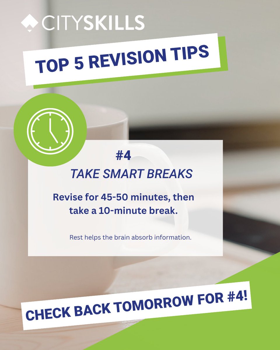 cityskillsscc's tweet image. Sharing our #Top5RevisionTips 💪 

Tip #4: Take smart breaks!  

Check back tomorrow for tip #5....👀 

#Revision #Exams #RevisionTips #YouveGotThis