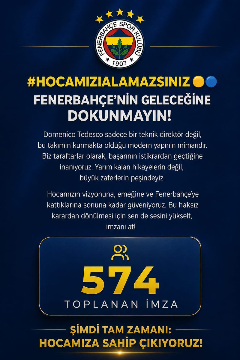 Fenerbahçeliler ayağa kalktı!

Domenico Tedesco’nun ayrılığının ardından taraftarlar imza kampanyası başlattı.

“Tedesco’yu getiren başkan olacak”

Hocamız sadece teknik direktör değil, bizim umudumuzdu. 

Bu hikâye yarım kalmasın!

🔗 İmza ver: tedescoimza.vercel.app

Kalbinde