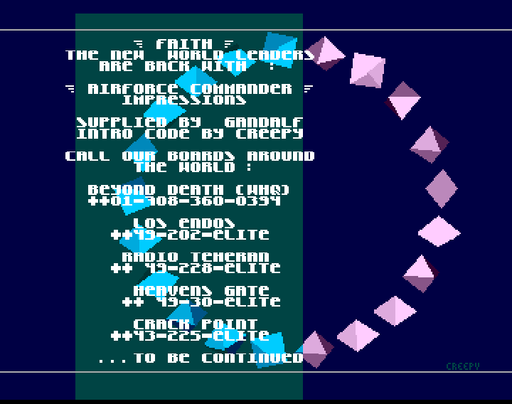 CracktroBot's tweet image. Stairways (1985) - Crack: Axenon - #Commodore64
Ranarama (1987) - Crack: Nostalgia - Trainer: +3 - #Commodore64
Bouncy (1995) - Crack: Chromance (CHR) - #Commodore64
Airforce Commander - Gold Edition (1992) - Crack: Faith - #Amiga