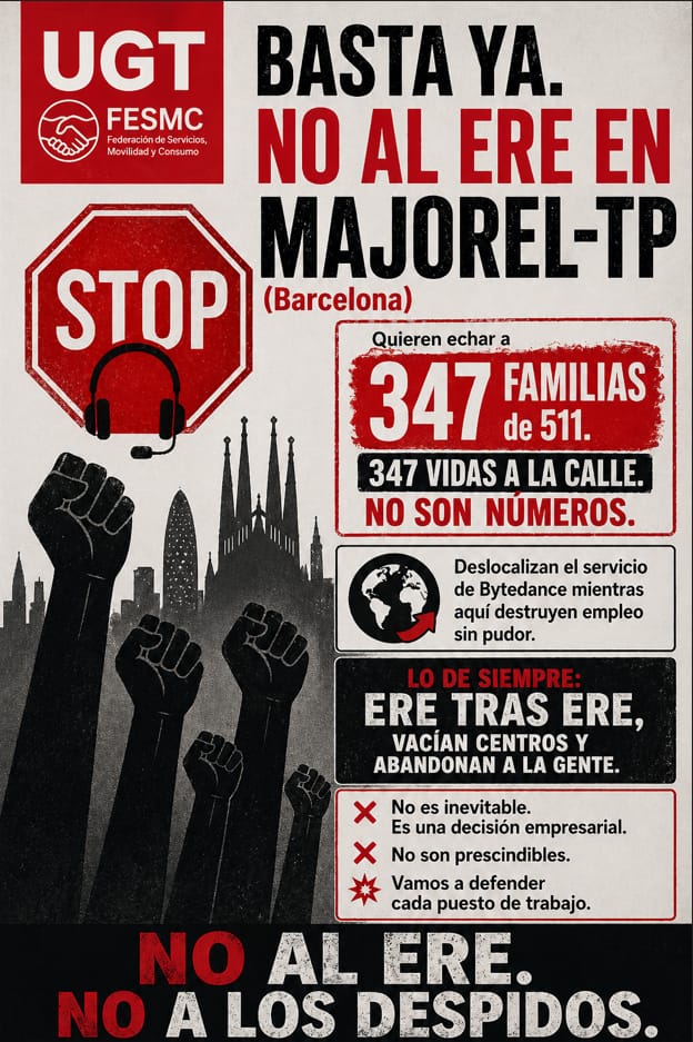 oysugt's tweet image. 📢 La lucha en la empresa de #Majorel continúa ‼️

Compañeras y compañeros de Zaragoza y Barcelona, este conflicto es vuestro y de todo el sector de #ContactCenter ✊️

No son números, son 7️⃣6️⃣9️⃣ familias a las que defenderemos y apoyaremos hasta el final 

#FeSMC #UGT #despidos