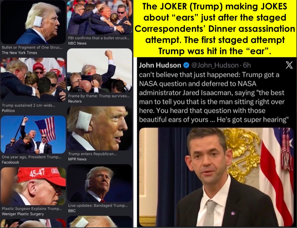 ConspiraciesACC's tweet image. The JOKER (Trump) making JOKES about “ears” just after 

the staged Correspondents’ Dinner assassination attempt. 

The first staged attempt Donald Trump was hit in the “ear”.

#Illuminati #Freemason #Bee #Bees #BeeKeeper #IlluminatiCardGame