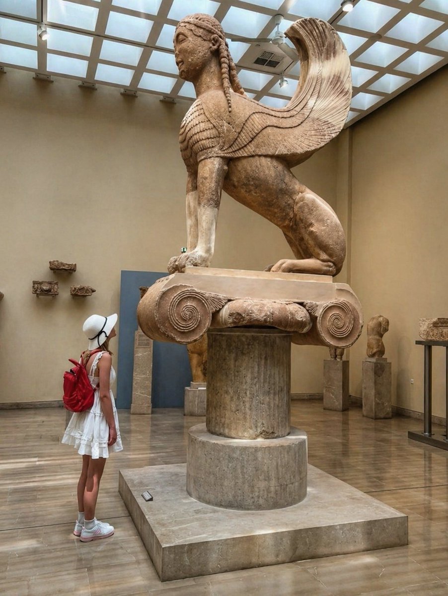 The Sphinx of the Naxians (2.22-meter-tall), dedicated to the Oracle of Delphi by the island-state of Naxos in 560 BC. 

Originally, it was placed atop a 10m tall Ionic column. 

Delphi Archaeological Museum