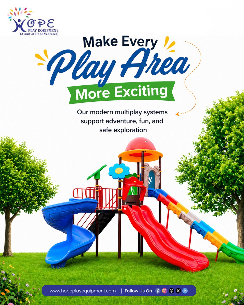 Hopeplayventure's tweet image. Modern multiplay systems bring adventure, fun, and safe exploration to every play area—boosting engagement, activity, and joyful experiences for kids.

🌐Visit: hopeplayequipment.com
📞Call: + 91 - 7349504747

#HopePlayEquipment #playground #kidsplay #outdoorplay #recreation