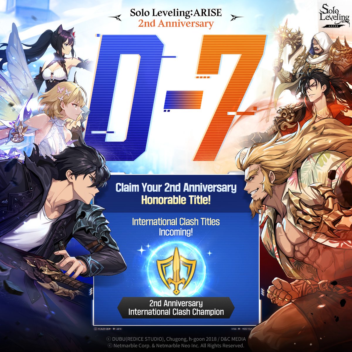 Sololv_ARISE_GL's tweet image. Solo Leveling:ARISE 2-Year Anniversary 🎉D-7🎉

In 7 days, the path to the top of the world opens. 
Who will be the hero to claim the honor of the SLC Champion?

Prepare for the honorable journey starting in just one week!

#sololevelingARISE #sololeveling
#sololevelinggame