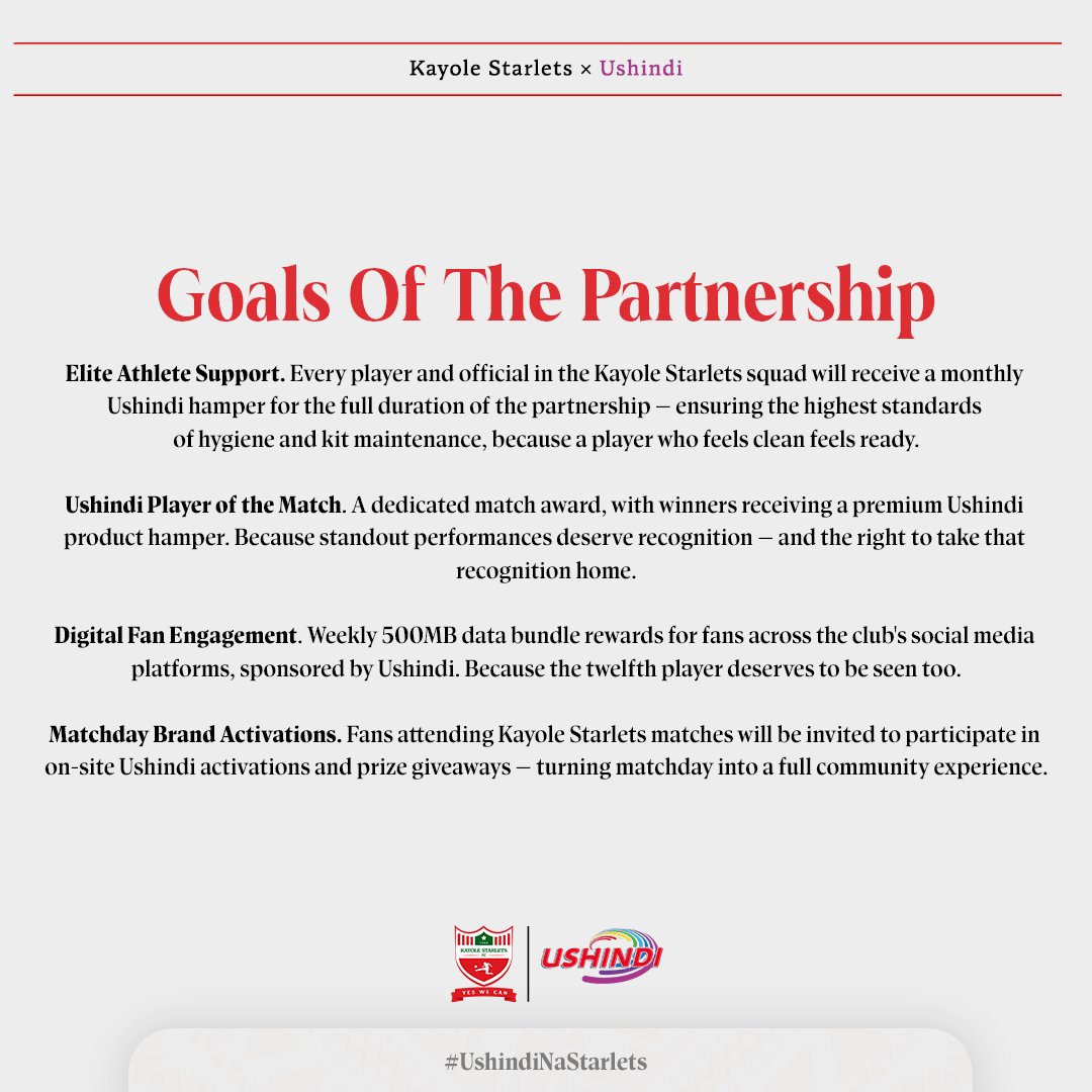 Kayole Starlets FC is proud to announce a 3-months partnership with Ushindi, a trusted homecare brand designed to help households win against everyday dirt, grease, and stubborn stains! 🤝

#KSFC #UshindiNaStarlets