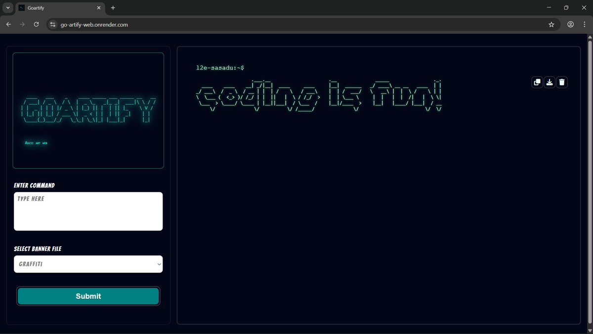 s_asadu's tweet image. Built an ASCII-art web app during my AI Fellowship at @learn2earnNG  🚀

Worked on a Go server, HTML templates, file downloads with proper headers, and a responsive UI with copy, delete &amp;amp; download features.

Check out the demo 👇
go-artify-web.onrender.com

#GoLang #Learn2EarnNg