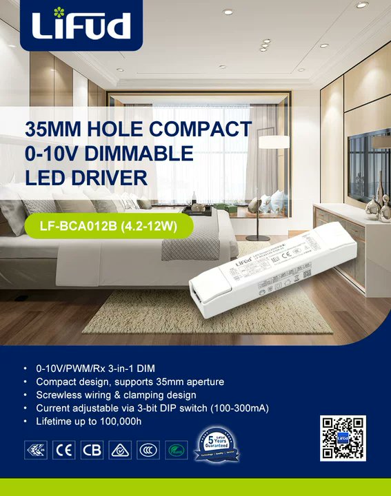 lifudtechnology's tweet image. 35mm cutout, 0-10V dimming, LF-BCA012B series. Compact, fits 35mm hole. 3-step DIP current (100-300mA), screwless terminals. Reliable for indoor use. Click image for details. #Lifud #35mm #Compact #LEDDriver
