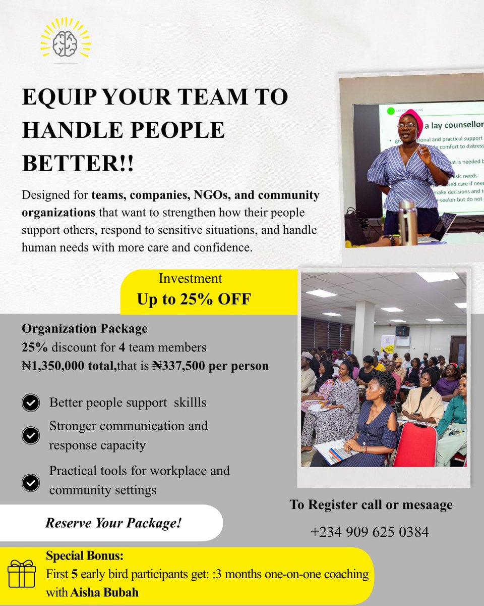 _sunshineseries's tweet photo. Workplace safety is also mental safety. People bring stress, burnout, and emotional pressure to work every day.

Our Lay Counselling Training equips teams with practical skills to support wellbeing at work.

Institutions: 4 pers N1,350,000 | 1 per N337,500

📌 +234 909 625 0384 https://t.co/6tLMgUTLxC