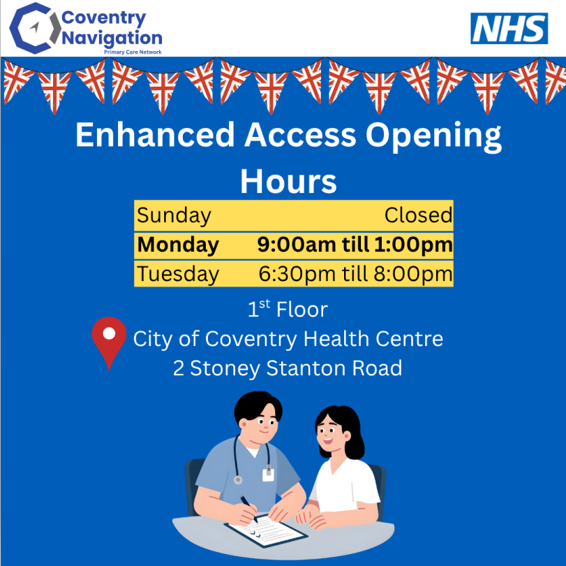 CovNavPCN's tweet photo. Worried about your health over the holidays when your surgery is closed?🤒
We are still running Enhanced Access clinics on the 4th of May.🗓️
Please speak to your surgery to get yourself booked in!
#enhancedaccess #mayday #bankholiday #nhs https://t.co/AMkCp4e7UX