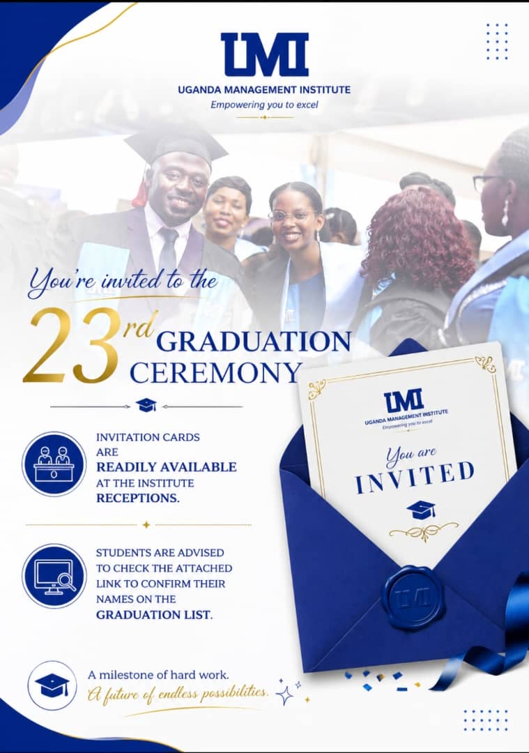 UMIUganda's tweet photo. 🎓 The Graduation Invitation Cards are now ready for collection.
📍 ALL MASTERS COURSES &amp; PGD M&amp;E – collect from OLD Administration Building Reception
📍 ALL OTHER PGDs &amp; Ordinary Diplomas – collect from Jubilee Ground Floor Reception.

https://t.co/Qn4T1Z1vUc https://t.co/788vfRTGAd