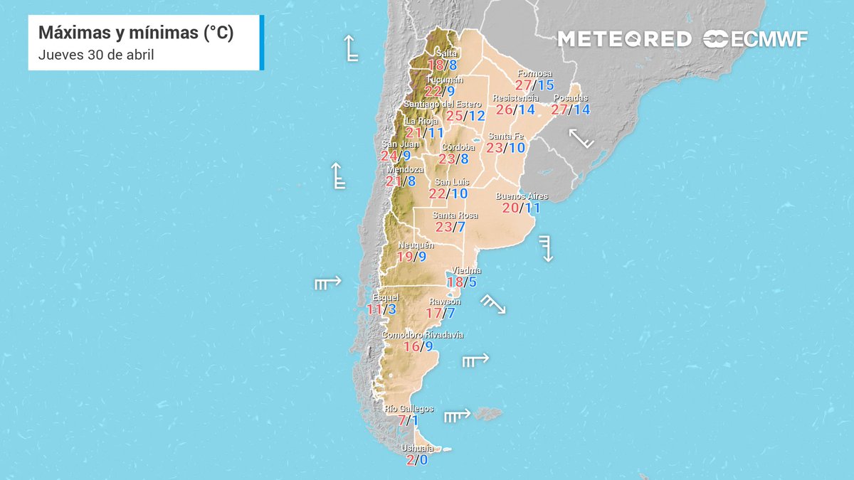 MeteoredAR's tweet photo. #PronosticodelTiempo🇦🇷
Previa del #findeXL con ambiente estable y soleado en la mayor parte del país.
⚠️⛄Alerta por #nevadas en la cordillera de Chubut y lluvias en su precordillera.
☀️#AMBA 9/23 °C, neblinas matinales, tarde templada.
📲 Más info 👇
https://t.co/tKfDnahUI5 https://t.co/piajaLdhYY