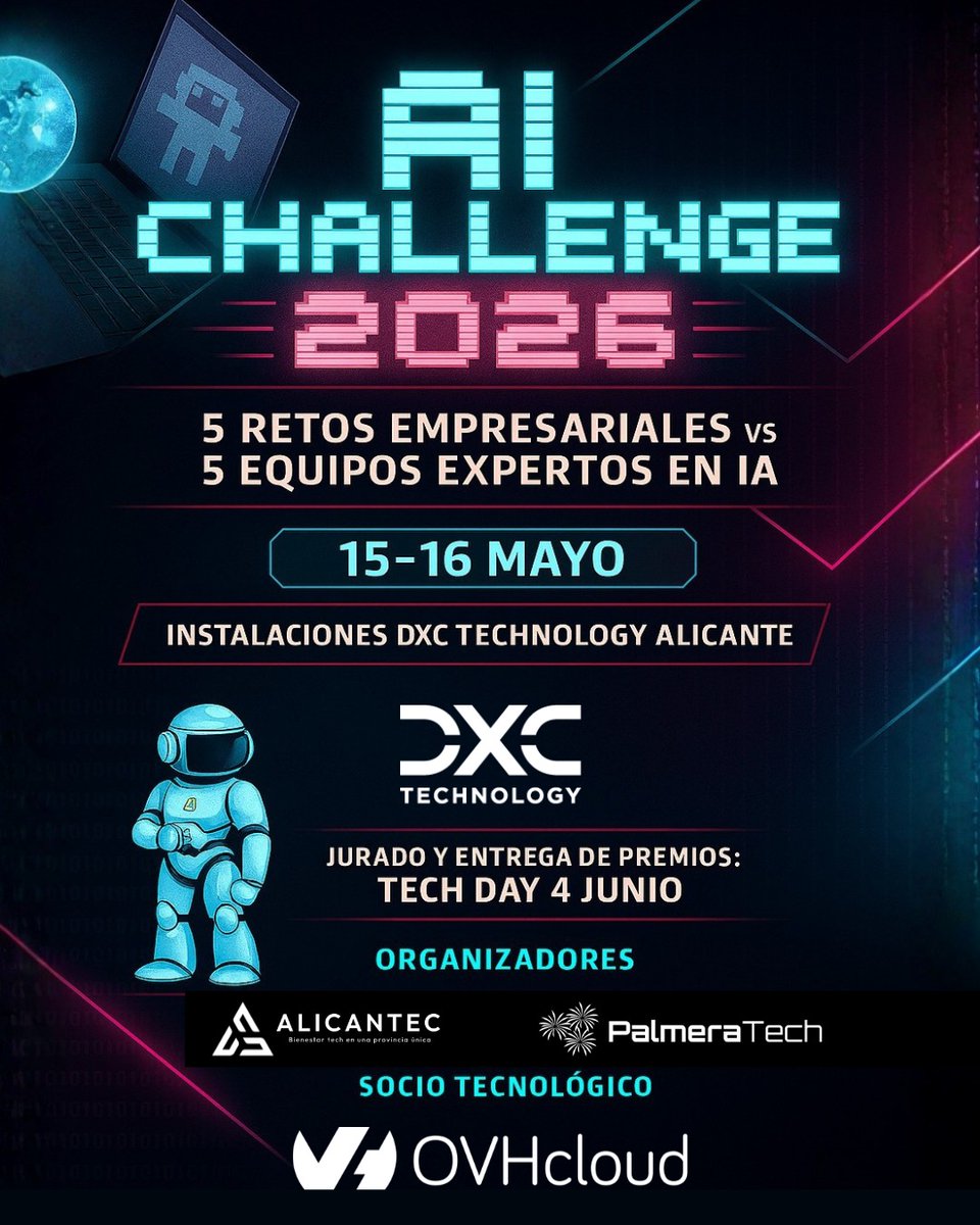 _Alicantec's tweet photo. Desde AlicanTEC y @PalmeraTech_  lanzamos "AI Challenge 2026", el hackathon que reunirá 5 retos empresariales vs 5 equipos expertos en IA el 15 y 16 de mayo. 

🔗https://t.co/BnKlrDnhkY

🤝@DXCTechnology @OVHcloud https://t.co/DZJicjYO08