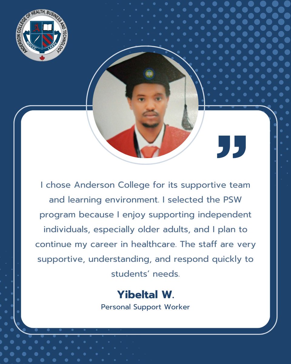 Anderson_Cllge's tweet image. Yibeltal’s passion for helping older adults shines through in his #PSW journey. With a supportive team behind him, he’s building a future in #healthcare. 🌟 Learn more👇
ow.ly/qVNE50YO0mO

@NACCCanada
@CareerCollegeON