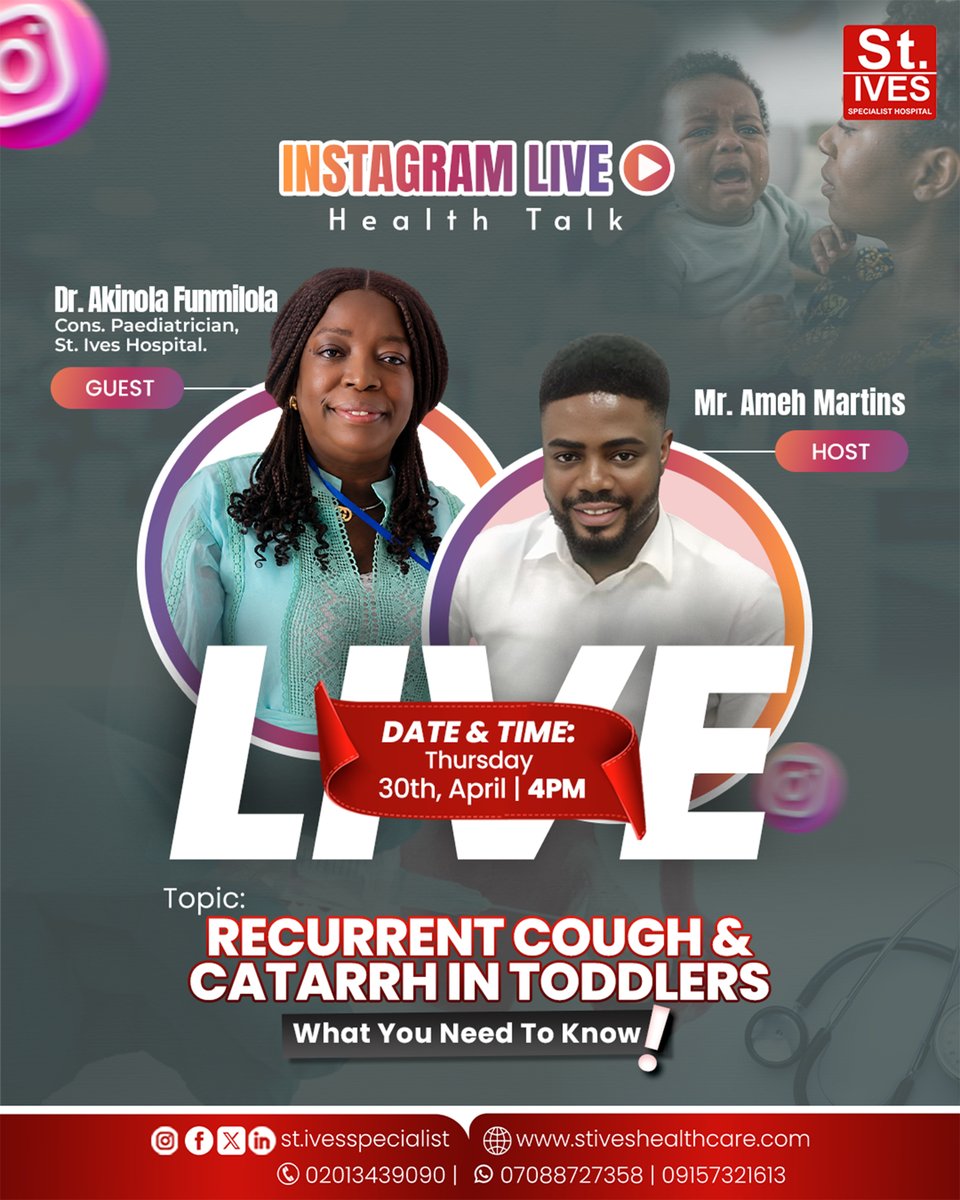 🤧👶🏽 Your toddler keeps coughing &amp; having catarrh?
It’s not always “normal.”
Join us LIVE today at 4PM on IG 👉 @st_ivesspecialist

Learn:
✅ Causes
✅ Warning signs
✅ What to do
Don’t miss this!

#ChildHealth #ParentingTips #NaijaMoms #HealthTalk #StIvesLive #BabyHealth