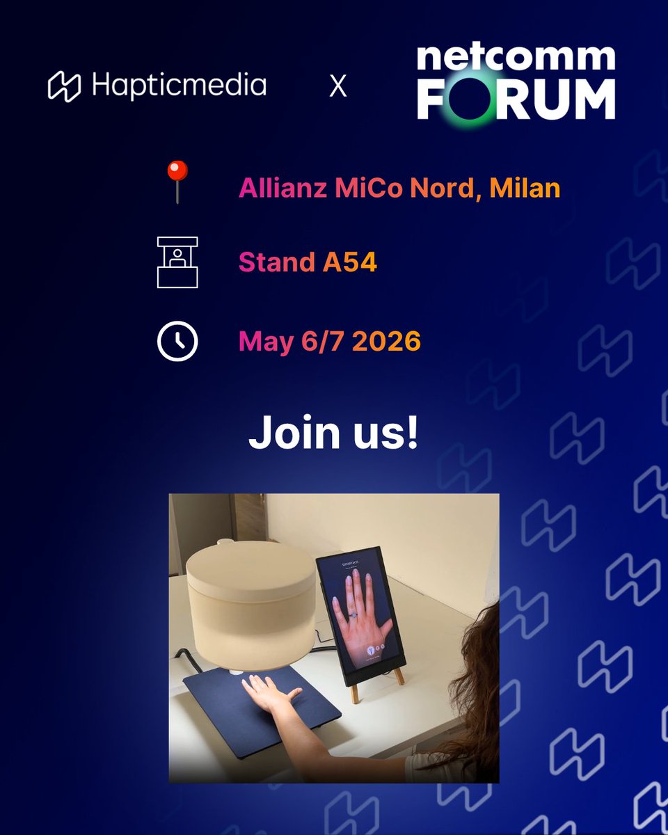 hapticmedia's tweet photo. IT - Siamo lieti di partecipare al NetComm che si svolgerà a Milano dove presenteremo i nostri ultimi progetti. Venite a trovarci: saremo felici di rispondere alle vostre domande! ✅ https://t.co/wkHor6RUMa