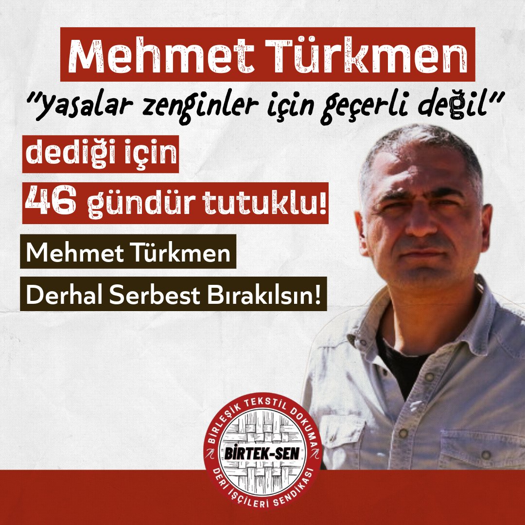 Genel Başkanımız Mehmet Türkmen 46 gündür tutuklu! 

Mehmet Türkmen derhal serbest bırakılsın!     
Sendikal faaliyet suç değildir!       
#MehmetTürkmenSerbestBırakılsın