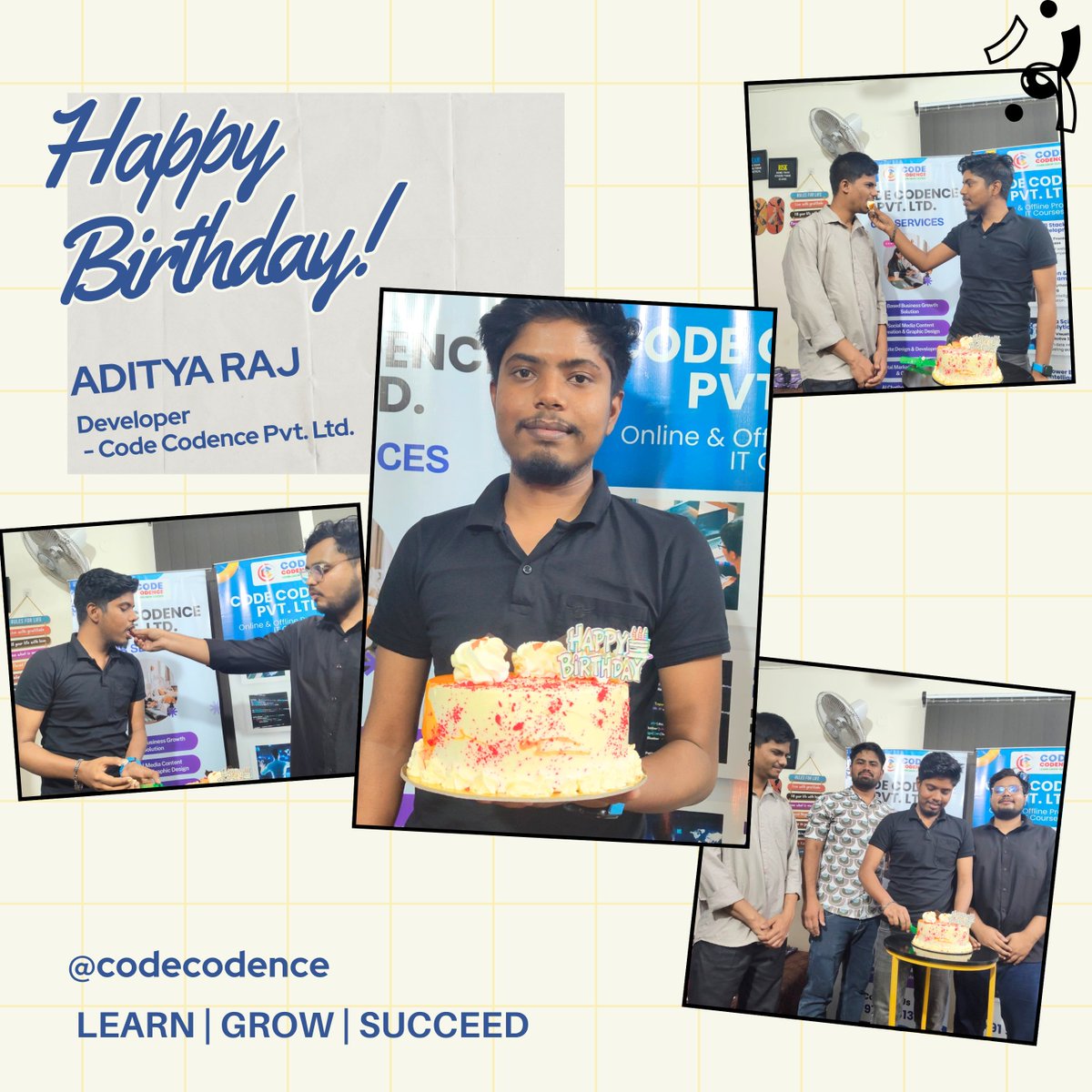 CodeCodence's tweet image. Happy Birthday Aditya Raj 🎉

A brilliant developer &amp;amp; an inspiring part of Code Codence 🚀
🌐 codecodence.com

#HappyBirthday
#BirthdayCelebration
#TeamCelebration
#DeveloperLife
#TechTeam
#OfficeVibes
#SuccessJourney
#Inspiration
#CodingLife
#TeamWork
#CodeCodence