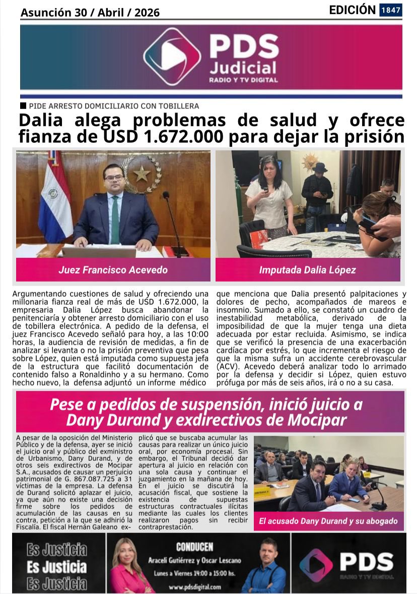 😄¡Buen día!

A continuación los principales títulos de la #PortadaDigitalPDS📰

Leé toda la información judicial en: 🔗pdsdigital.com.py

#PDSDigital