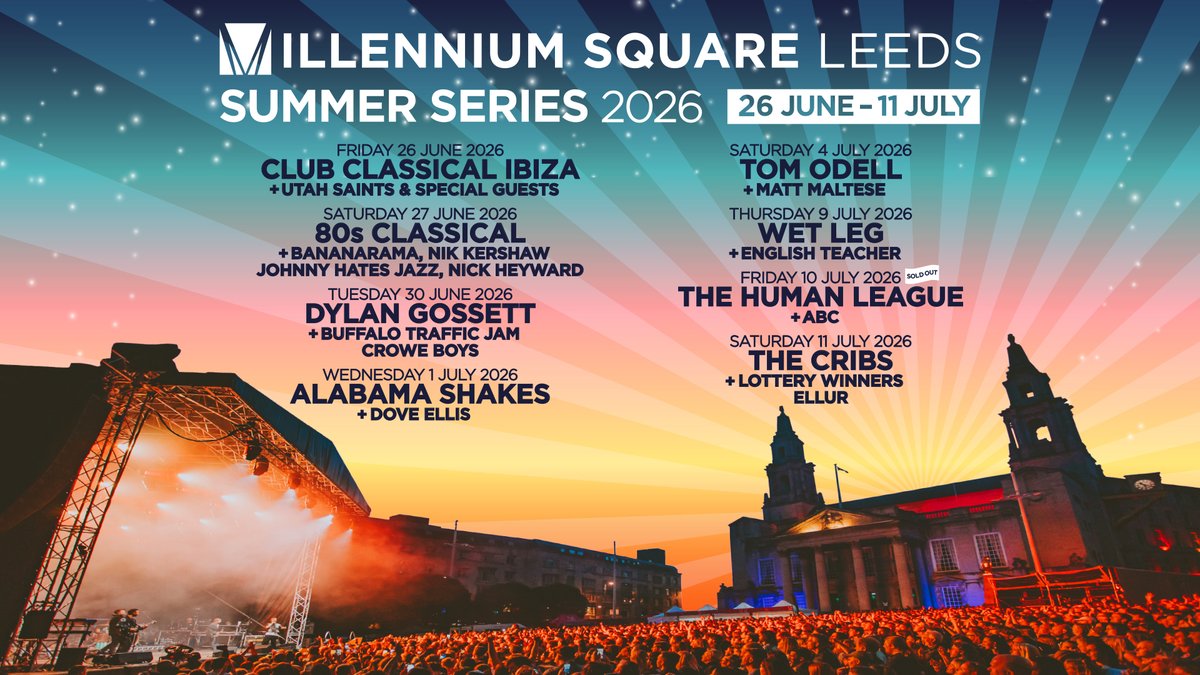 LeedsCC_News's tweet photo. Summer Series is set to return to @millsqleeds in June 🕺

Summer Series 2026 will be bringing open-air gigs back to the city centre from 26 June to 11 July, with an exciting line-up of emerging artists and globally renowned acts.

Book your tickets: https://t.co/fyDcixCyRZ https://t.co/5KXyz85GGk