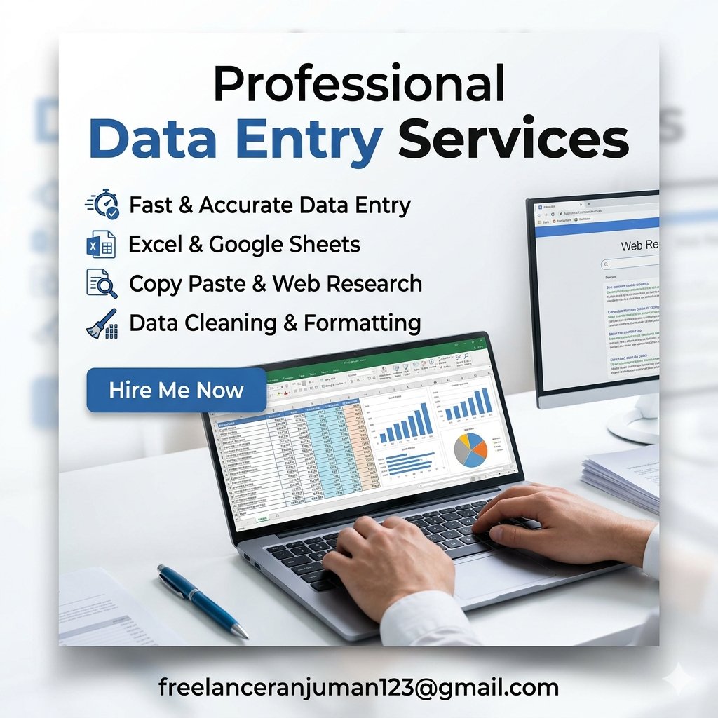 Freelancer43344's tweet image. Looking for accurate and fast data entry services? I am skilled in Excel, Google Sheets, web research, and data cleaning. Assurance of on-time project delivery! 💯

​Hire me now for quality work.
​📧 Contact: freelanceranjuman123@gmail.com

​#DataEntry #Freelancer #WorkFromHome