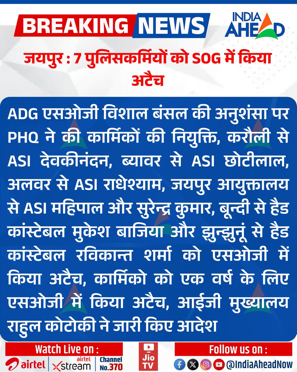 IndiaAheadNow's tweet image. #Jaipur: 7 पुलिसकर्मियों को SOG में किया अटैच

ADG एसओजी विशाल बंसल की अनुशंसा पर PHQ ने की कार्मिकों की नियुक्ति, करौली से ASI देवकीनंदन, ब्यावर से ASI छोटीलाल, अलवर से ASI राधेश्याम...

#RajasthanWithIndiaAhead #JaipurNews #BreakingNews #NewsUpdate #LatestNews #ADG #ASI