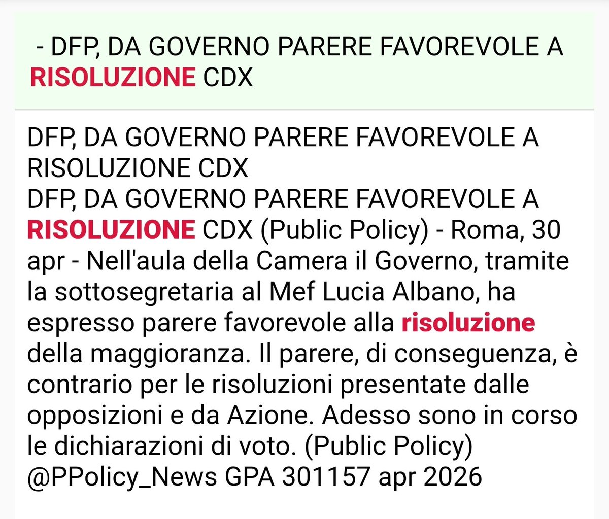 Parere favorevole a risoluzione centrodestra con previsione di ricorso ad articoli 25 e 26 per sospensione patto di stabilità così come chiesto dalla Lega. Oggi farò in Senato dichiarazione di voto.