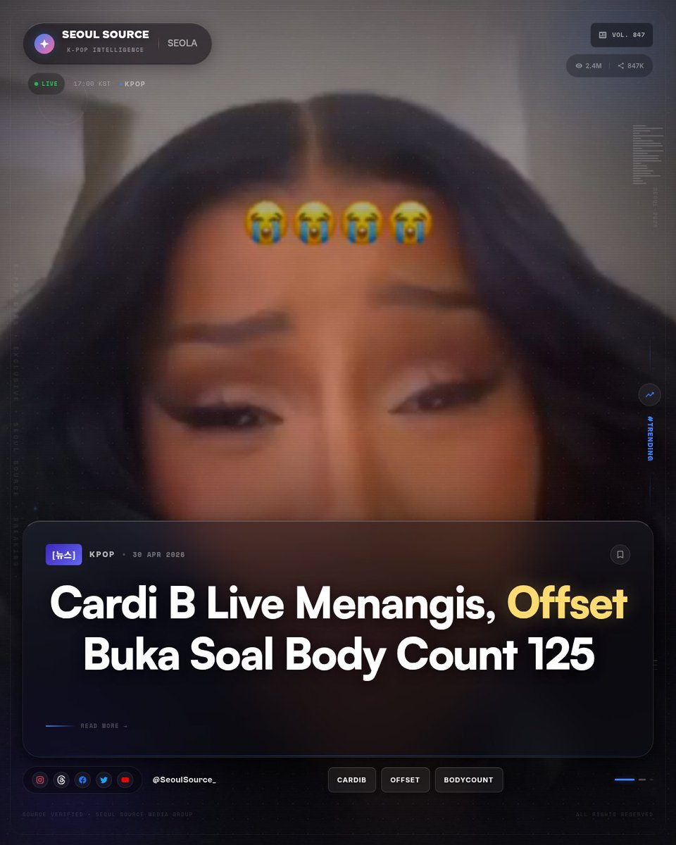 kpopdankdramaid's tweet image. Cardi B nangis live gara-gara Offset bocorkan body countnya yang katanya udah 125 orang. Dia langsung bela diri: "125 itu nggak banyak, kakak gue aja udah 300." Drama level dewa. #CardiB #Offset #Dram

 Read More: threads.com/@seoulsource_
-Seola