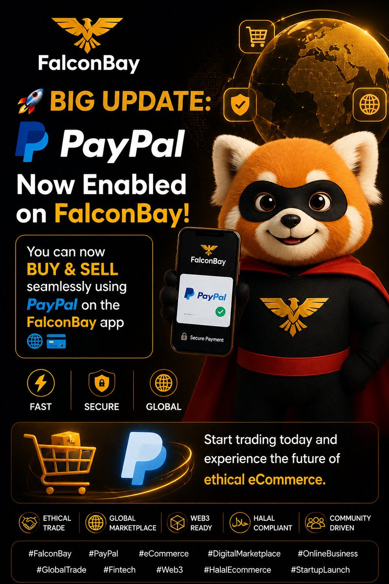 Sdamarketonline's tweet image. 🚀 BIG UPDATE: PayPal Now Enabled on FalconBay!

You can now BUY &amp;amp; SELL seamlessly using PayPal on the FalconBay app 🌐💳
Fast. Secure. Global.

Start trading on May 8, 2026 and experience the future of ethical eCommerce.

#FalconBay #PayPal #eCommerce #DigitalMarketplace