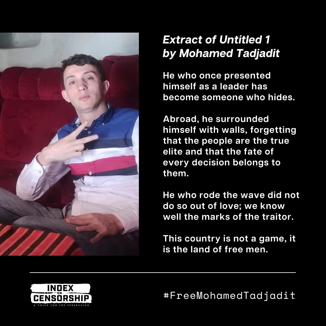 IndexCensorship's tweet photo. We stand in solidarity with Algerian poet #MohamedTadjadit who is in court again today on 3 new criminal charges which could carry the death sentence. 

Tadjadit is being targeted for his poetry. He must be released. 

Today, we share some of his poems: https://t.co/ryj4xZKzxj https://t.co/9xEVuVrr4F
