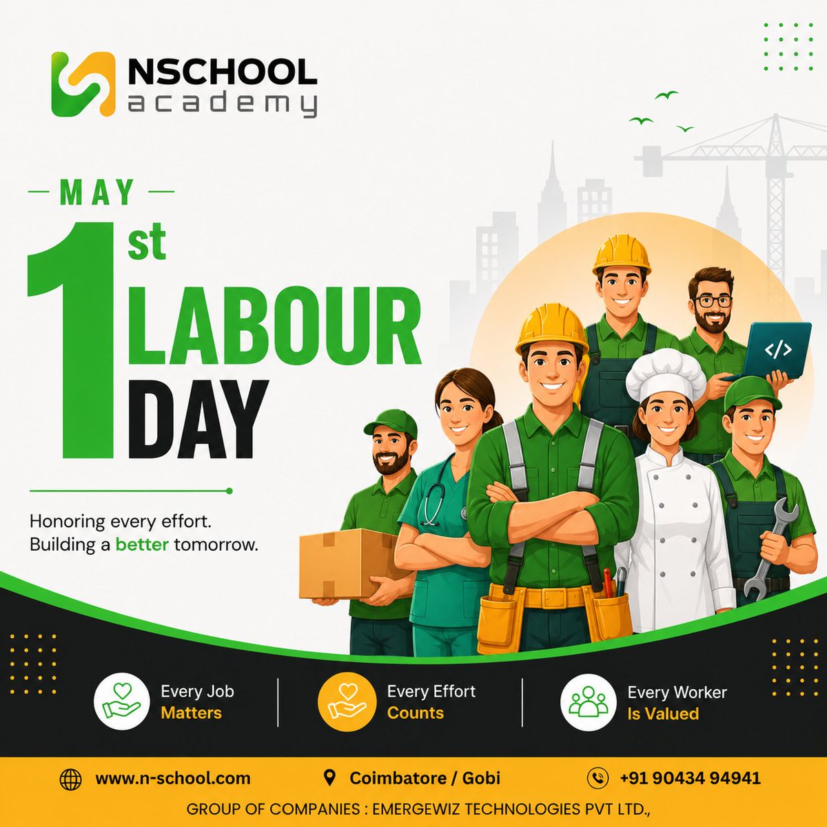 Nschool12's tweet photo. 𝗛𝗮𝗽𝗽𝘆 𝗟𝗮𝗯𝗼𝘂𝗿’𝘀 𝗗𝗮𝘆! 🌍
This Labour Day, Nschool Academy celebrates the dedication, strength, and passion of every worker shaping a better tomorrow. 💚
#labourday #workersday #may1 #everyeffortcounts #everyjobmatters #nschoolacademy #careergrowth #coimbatore https://t.co/wr4sHE2T68