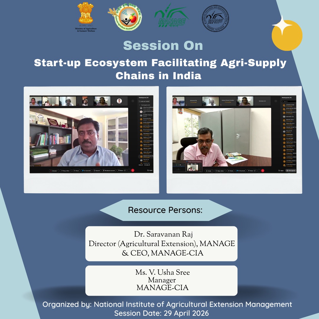 CiaManage's tweet photo. Dr. Saravanan Raj delivered a session on MANAGE-CIA, in online training programme on “Strategies to Strengthen Agricultural Supply Chains and Markets”

Ms. V. Usha Sree shared CIA programmes insights, followed by an interactive Q&amp;A session. https://t.co/gx0JJJMp1T