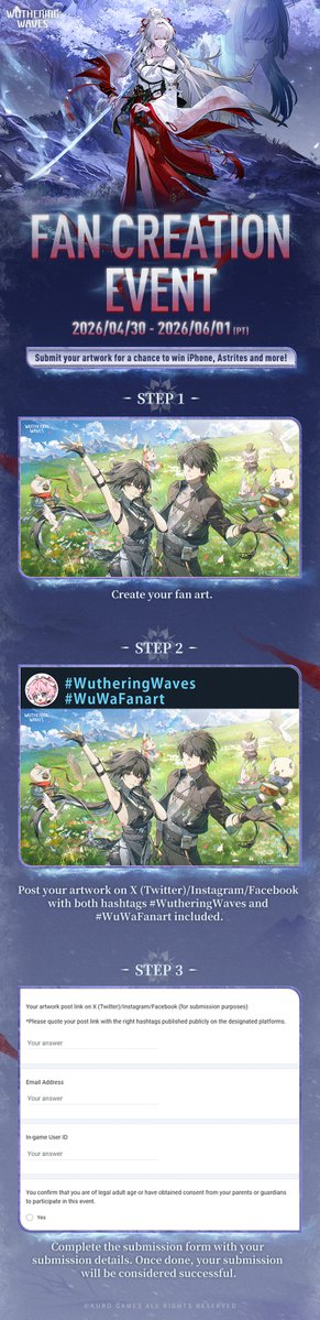 Wuthering_Waves's tweet photo. Dear Rovers,

Wuthering Waves Fan Creation Event "Reverbs from the End of Galaxies" is now live! Post your work with hashtags #WutheringWaves and #WuWaFanart on X (Twitter)/Instagram/Facebook and fill out the form for a chance to win iPhone 17 Pro 512GB, Astrites and more!

Create your works of boundless imagination to present the world of Wuthering Waves!
Proceed to submit: https://t.co/ufS5l09gyP

Check the link for more information: https://t.co/sswEH6Qc1Q

#WutheringWaves #WuWa2Years #WuWa2ndAnniv #WuWaFanart