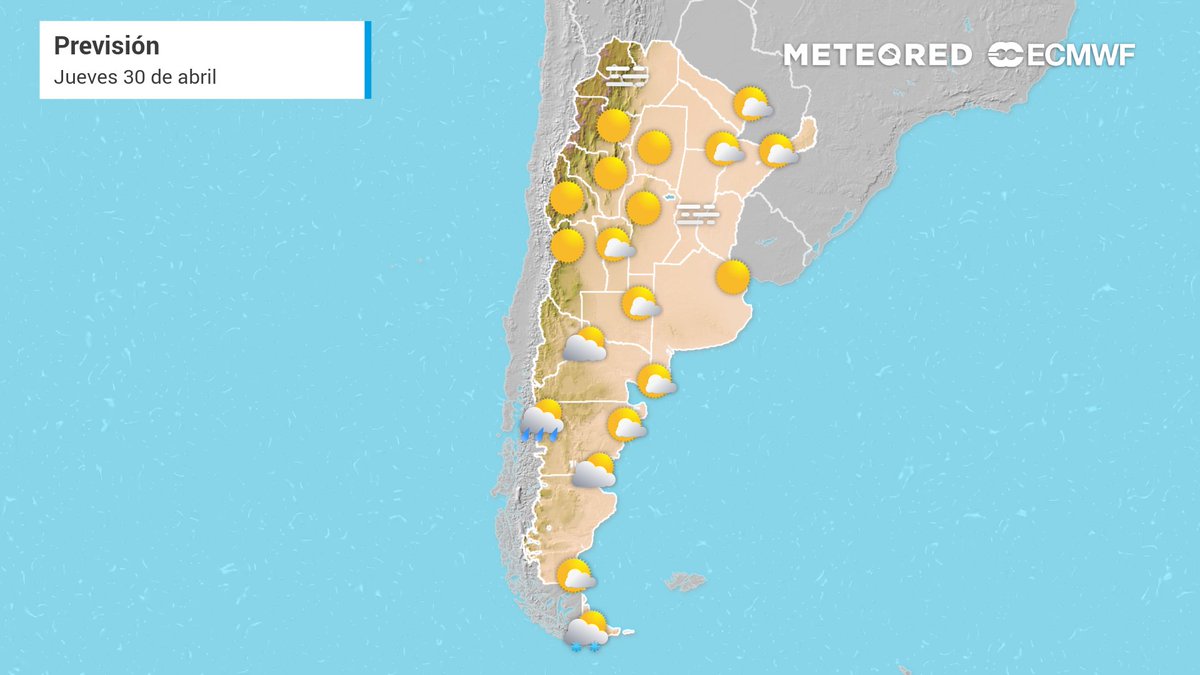MeteoredAR's tweet photo. #PronosticodelTiempo🇦🇷
Previa del #findeXL con ambiente estable y soleado en la mayor parte del país.
⚠️⛄Alerta por #nevadas en la cordillera de Chubut y lluvias en su precordillera.
☀️#AMBA 9/23 °C, neblinas matinales, tarde templada.
📲 Más info 👇
https://t.co/tKfDnahUI5 https://t.co/piajaLdhYY
