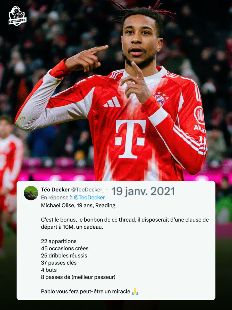 𝟭𝟵 𝗝𝗔𝗡𝗩𝗜𝗘𝗥 𝟮𝟬𝟮𝟭 : ce scoot avait 𝗧𝗢𝗨𝗧 𝗩𝗨 avant tout le monde sur Michael Olise 🇫🇷 ! 😳

<a href="/TeoDecker_/">Téo Decker</a> avait fait ce post dans le cadre d'un thread regroupant des recrues parfaites pour remplacer... Morgan Sanson, à l'OM ! 😄

On se demande ce qu'aurait été le