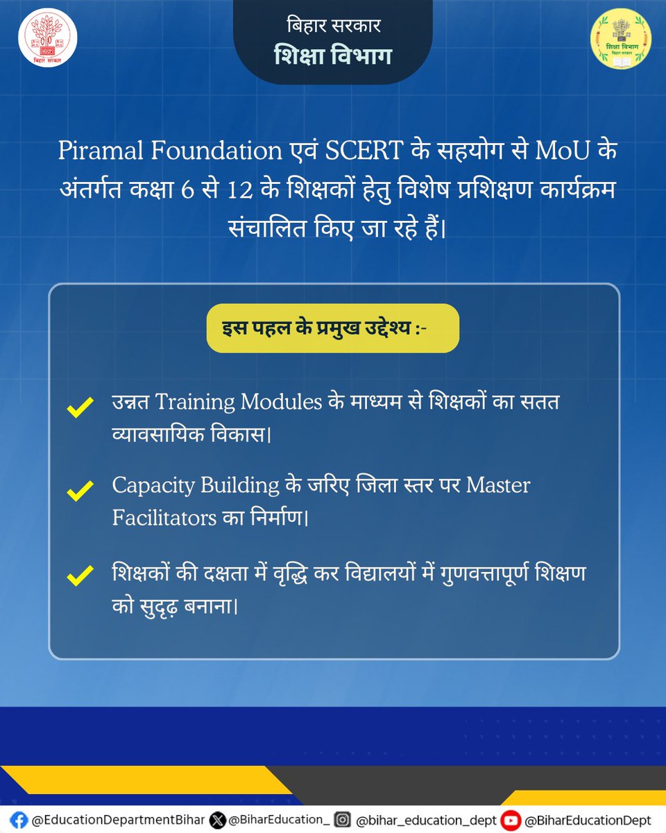 BiharEducation_'s tweet image. Piramal Foundation एवं SCERT के सहयोग से कक्षा 6 से 12 के शिक्षकों के लिए विशेष प्रशिक्षण कार्यक्रम संचालित किए जा रहे हैं।

@IPRDBihar 
#TeacherTraining
#CapacityBuilding
#QualityEducation
#BiharEducationDept