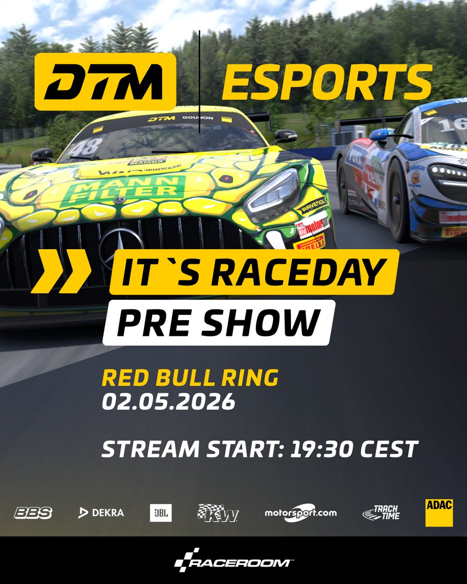 raceroom's tweet image. It’s raceday for the #DTM #Esports 2026 Pre-Season Show Race 🟢

Tonight we go live from Red Bull Ring with the prologue to the new DTM Esports season. 

⏰ Stream start: 19:30 CEST

🇬🇧 youtube.com/watch?v=xequwC…
🇩🇪 youtube.com/watch?v=pQO9QC…