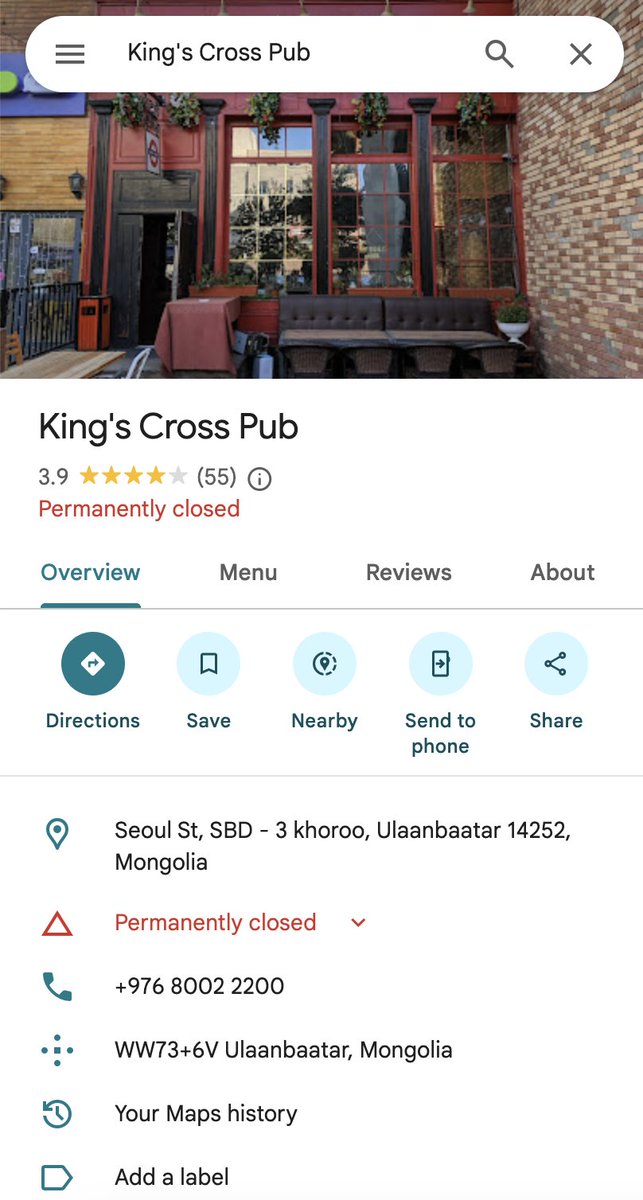 I regret to inform everyone that King's Cross in Ulaanbaatar has closed its doors, no doubt yet another victim of Rachel Reeves' blinkered and crackpot hospitality policies.