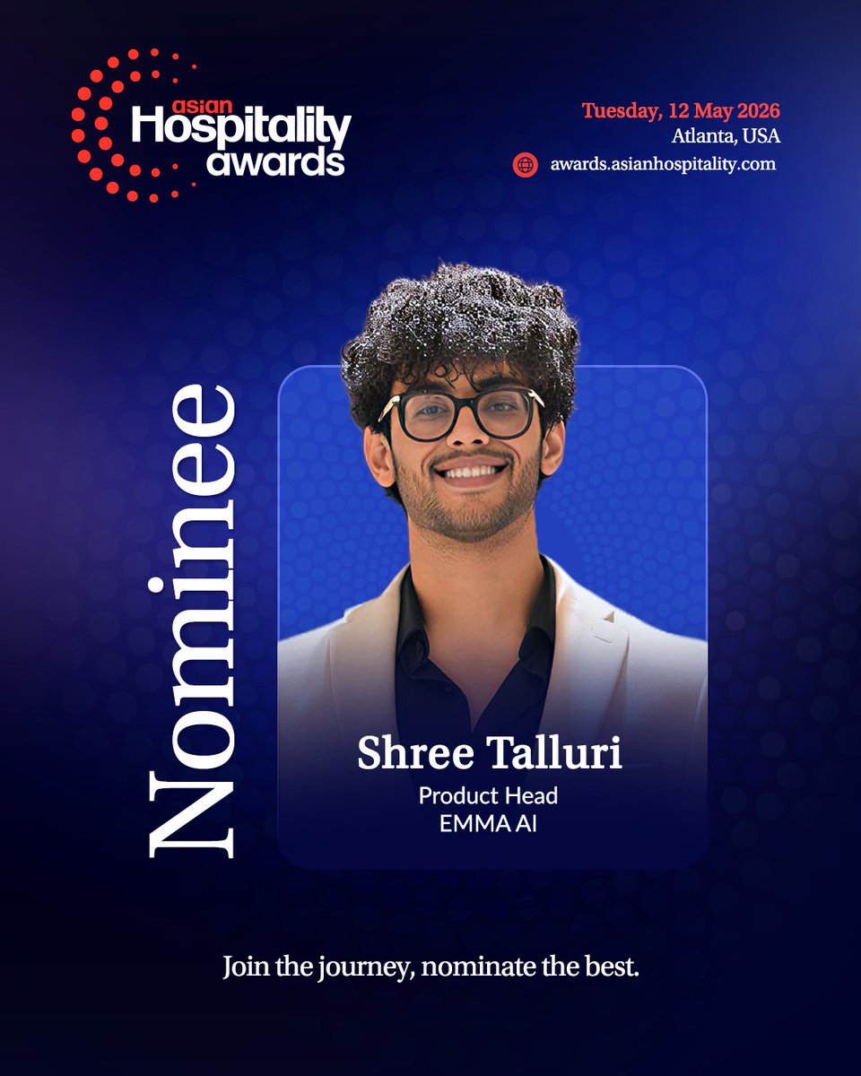 AMG_AH's tweet photo. We are pleased to recognize Shree Talluri, Product Head at EMMA AI, as a nominee at the Asian Hospitality Awards 2026.  

Now it's your chance, nominate now and be part of the change.
Nominate now: https://t.co/2T7DcxENxS 
@HiEmmaAI
#AHA2026 https://t.co/FsEocr0bHb