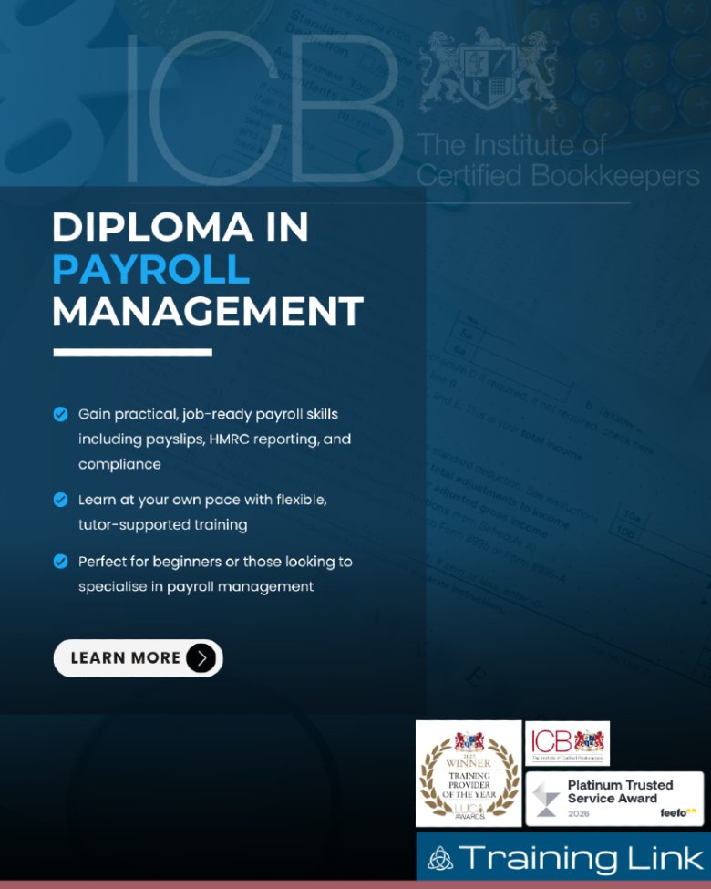 TrainingLinkUK's tweet photo. Payroll is one of the most in-demand skills in finance.

Study the #ICB Diploma in Payroll Management at your own pace with full tutor support and come out job-ready.

➡️ Learn more: https://t.co/cW2ZcmSjzp

#DistanceLearning #ICB #AAT https://t.co/6N12DplM0Q