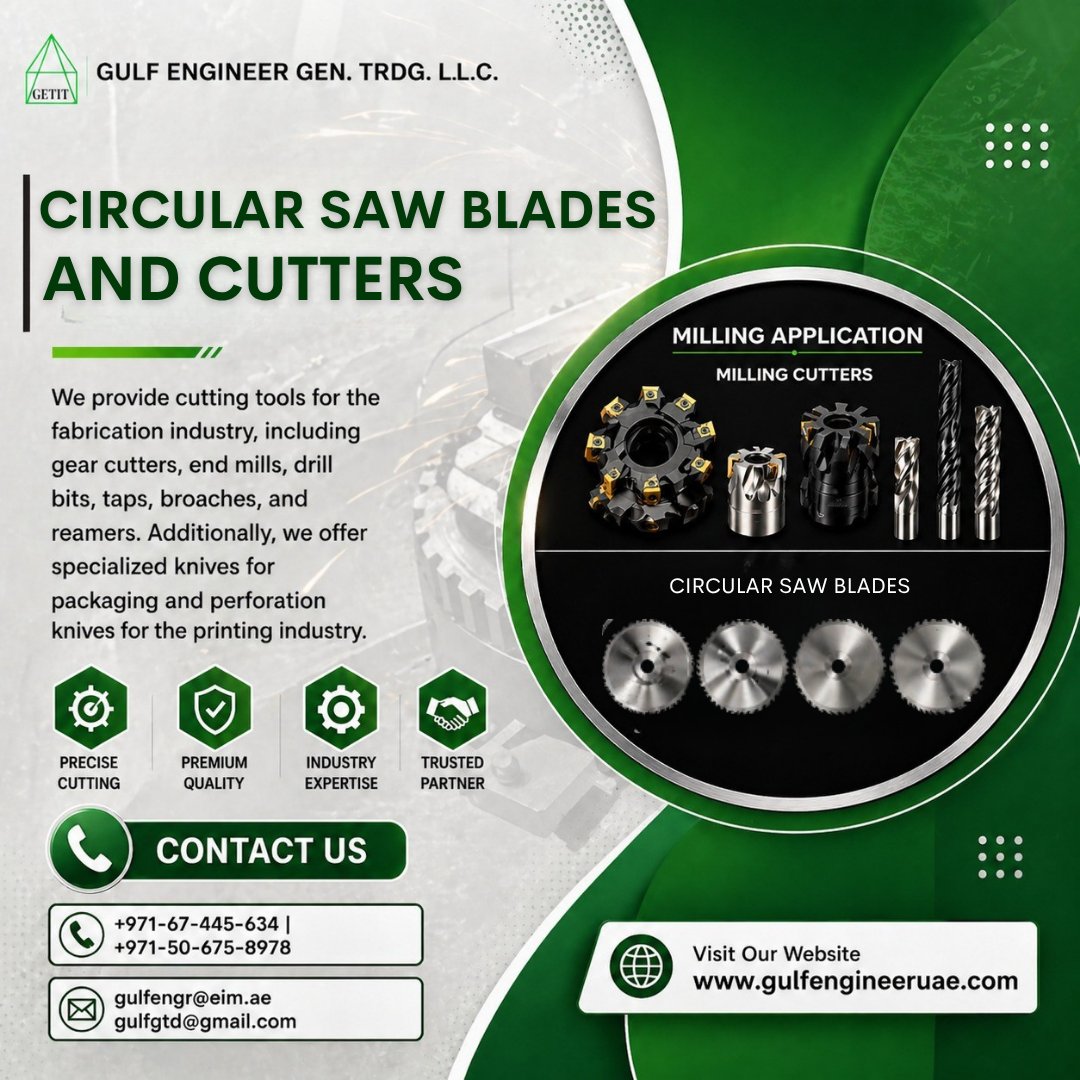 gulfengineeruae's tweet image. Precision cutting tools for fabrication, packaging, &amp;amp; printing industries! From circular saw blades to milling cutters, we’ve got you covered. 🔧⚙️

📞 +971-67-445-634 | 
🌐gulfengineeruae.com

#CuttingTools #PrecisionCutting #MillingCutters #CircularSawBlades #Fabrication